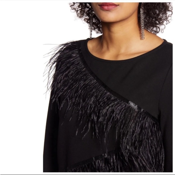 Halogen 🖤 Nordstrom Ostrich Feather Zig Zag Sweater Black Quarter Sleeve Top - Picture 2 of 15